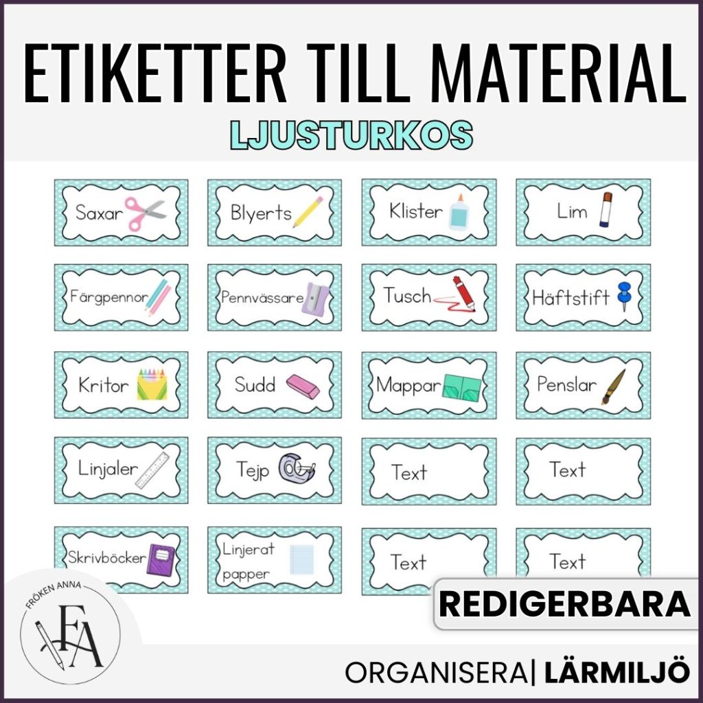 Redigerbara etiketter till material (ljusturkos)