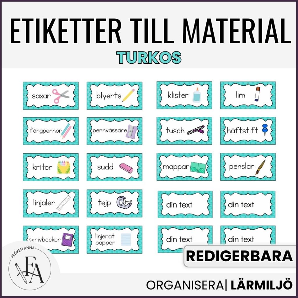 Redigerbara etiketter till material (turkos)