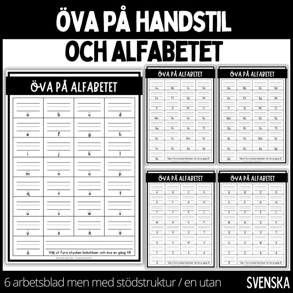 Välskrivning – 6 arbetsblad– alfabetet, a-ö