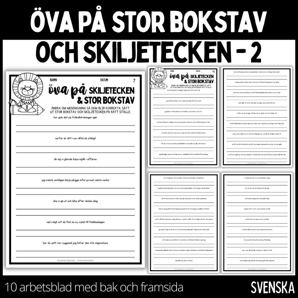 Stor bokstav & skiljetecken – 10 st arbetsblad med bak och framsida -2