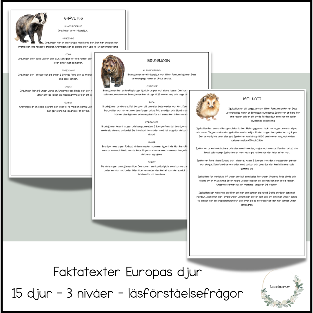 Europas djur - 15 faktatexter (3 nivåer)
