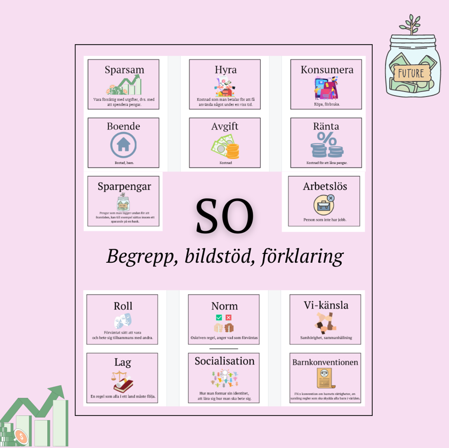 SO (grupper & roller, arbete & pengar) 48 begrepp med bildstöd & förklaring.