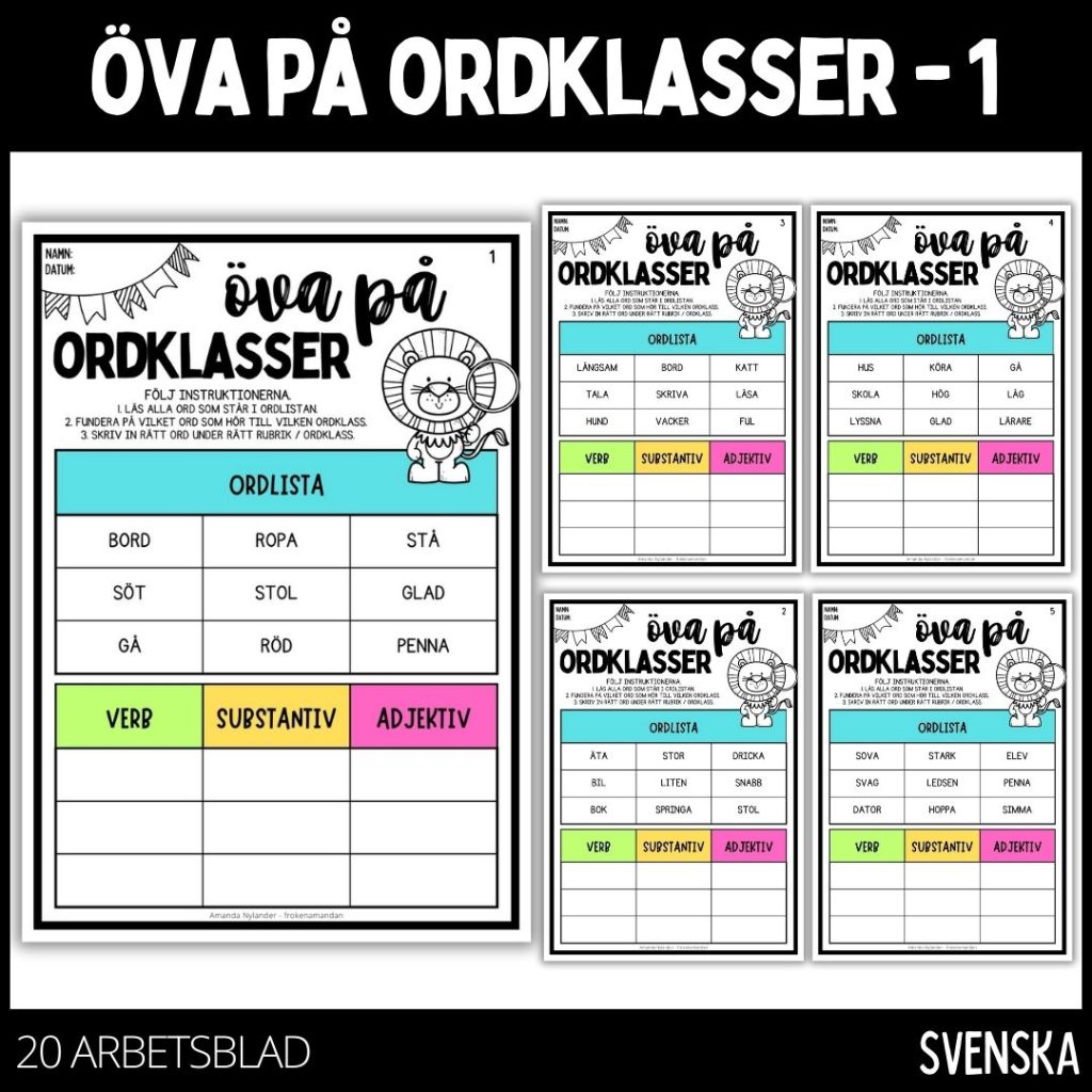 Öva på ordklasser – 20 st arbetsblad – 1