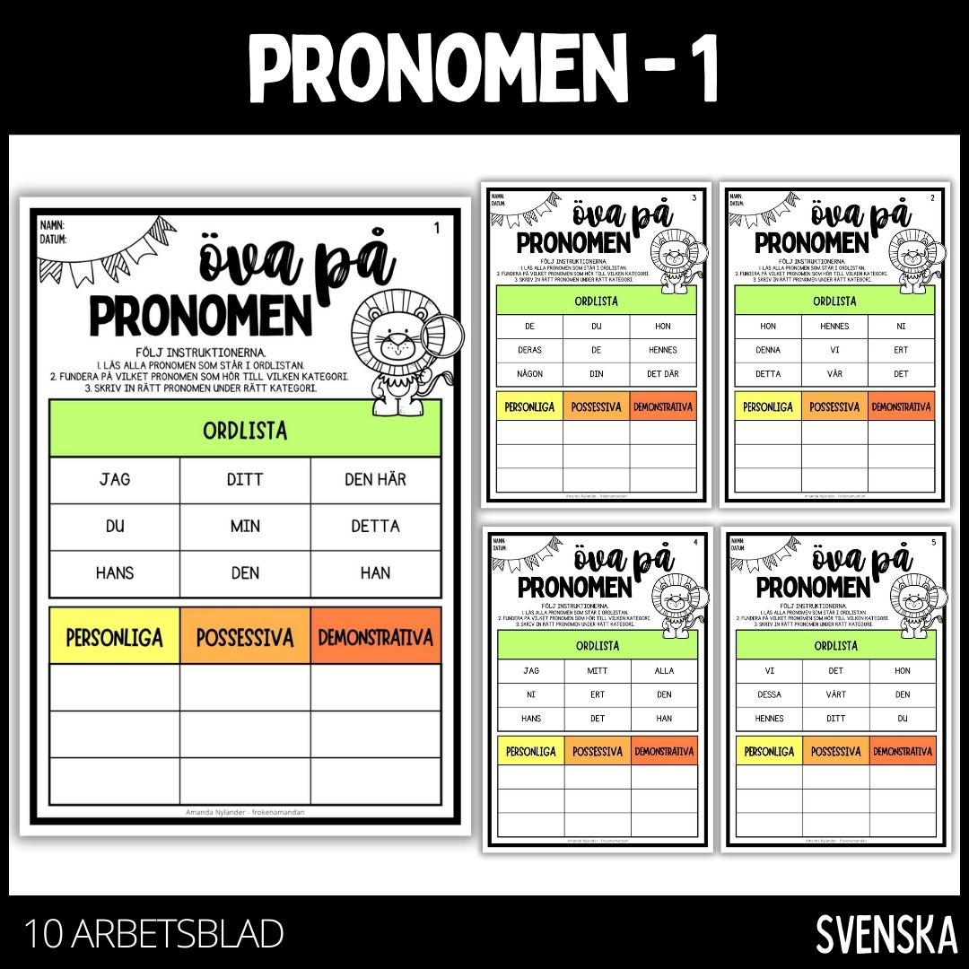 Pronomen - 10 st arbetsblad - 1