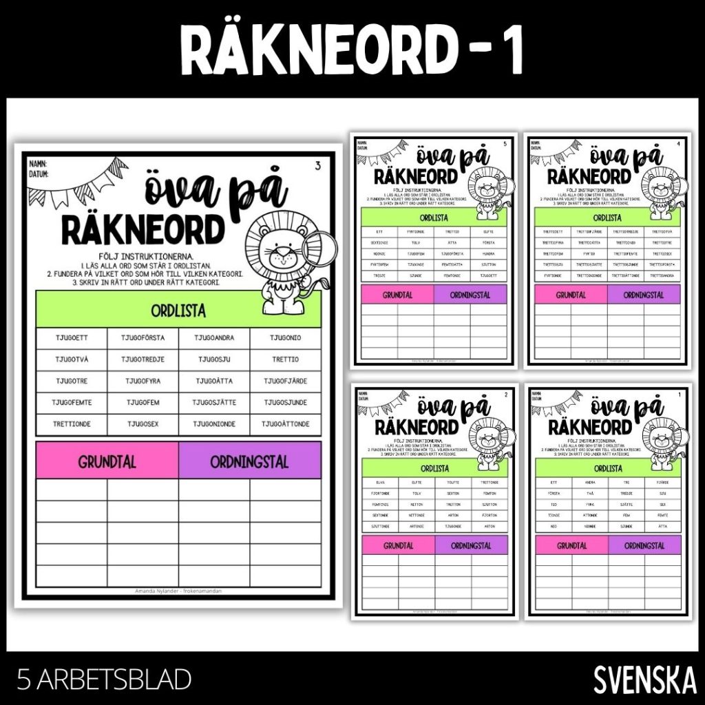 Räkneord – 5 st arbetsblad – 1