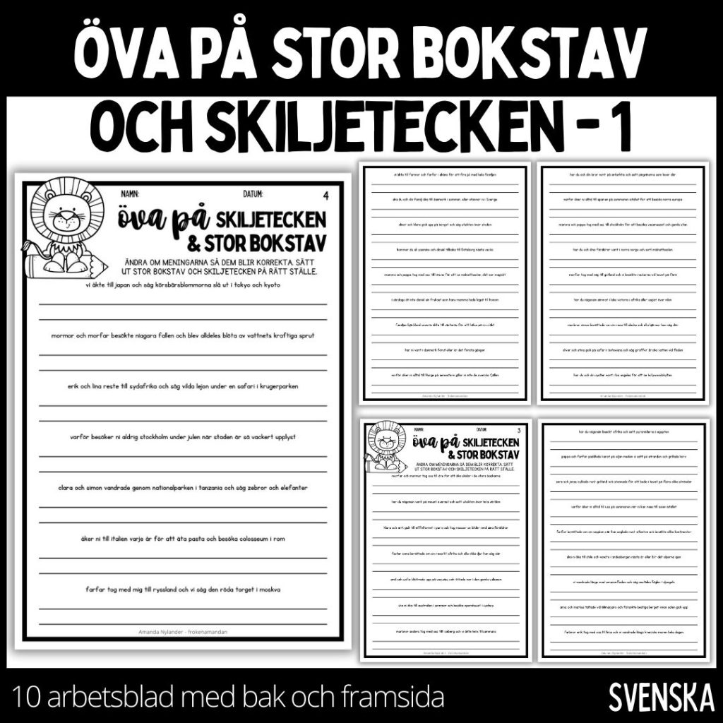 Stor bokstav & skiljetecken – 10 st arbetsblad med bak och framsida – 1