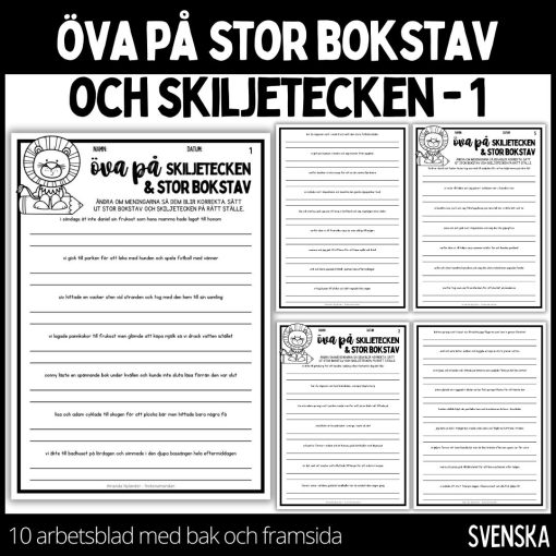 Stor bokstav & skiljetecken - 10 st arbetsblad med bak och framsida - 1