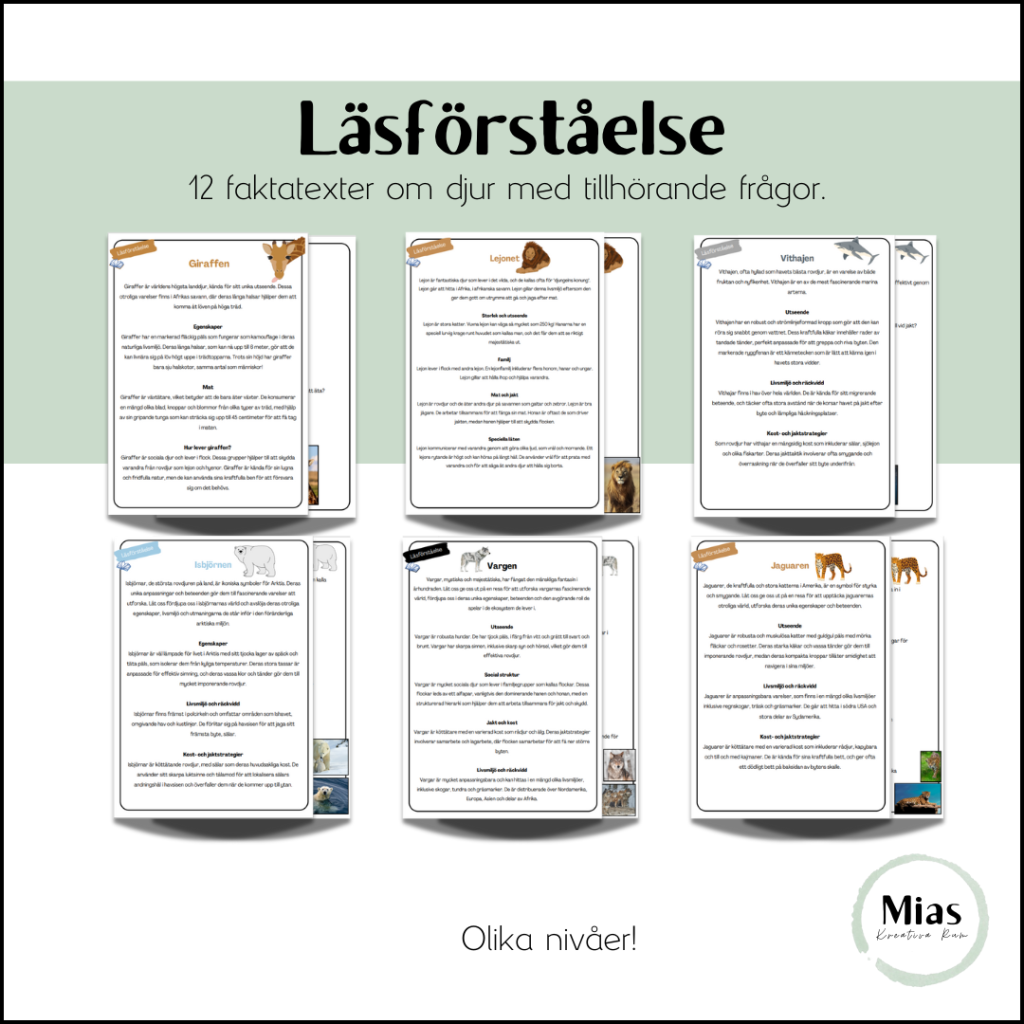 Läsförståelse: 12 faktatexter om djur