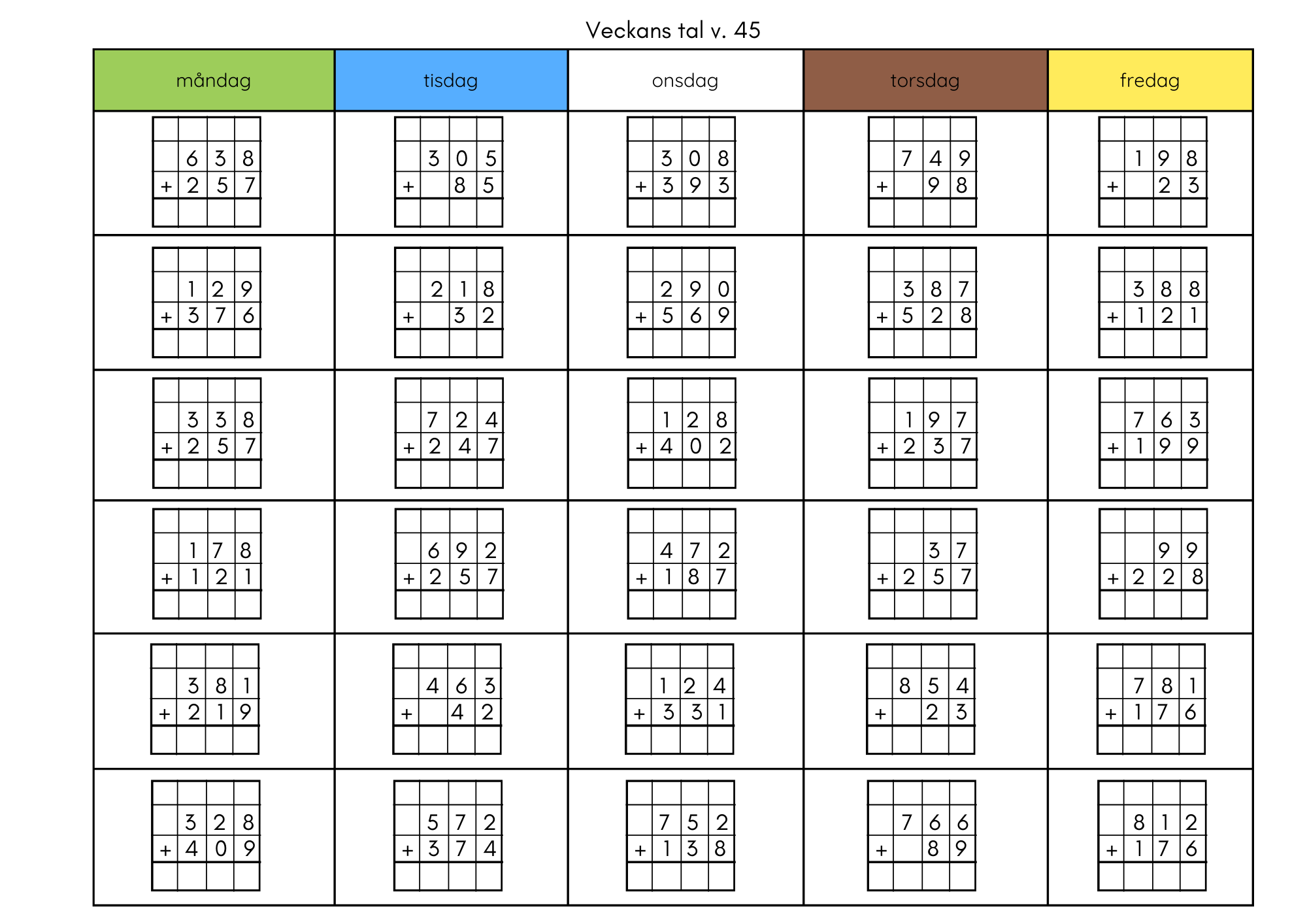 Morgonuppgifter för 11 veckor (endast uppställning