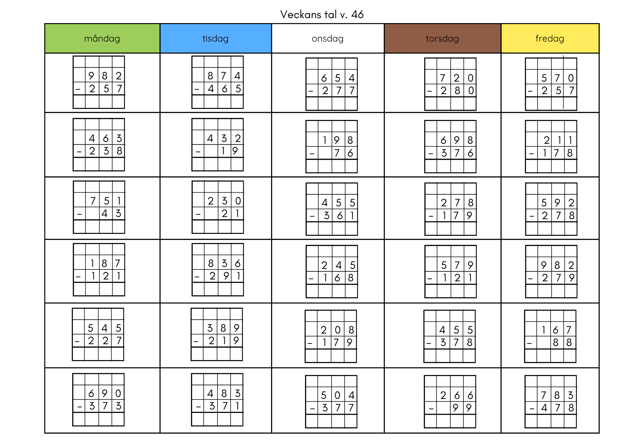 Morgonuppgifter för 11 veckor (endast uppställning