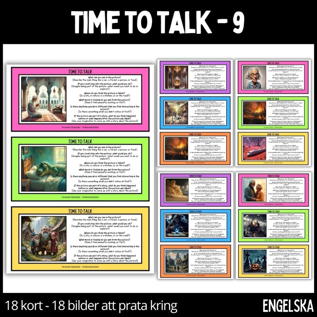 Time to talk – 9 – 18 talkort – 18 illustrationer – stödstruktur
