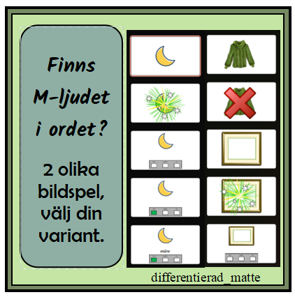 M – hör ni ljudet i bilden? Bildspel för arbete med bokstavsljud M.