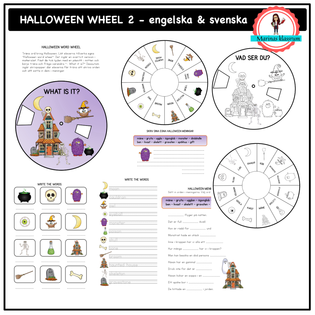 Halloween – wheel – engelska och svenska – lila
