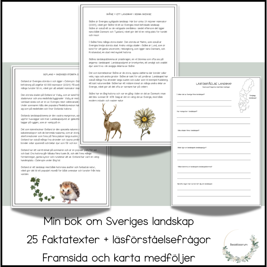 Min bok om Sveriges landskap – faktatexter + läsförståelsefrågor