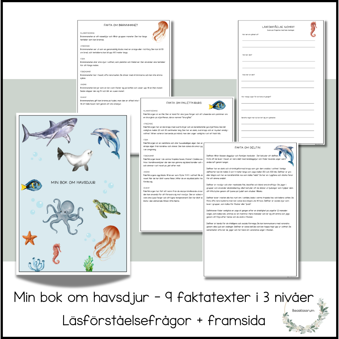 Min bok om havsdjur - 9 faktatexter (3 nivåer)