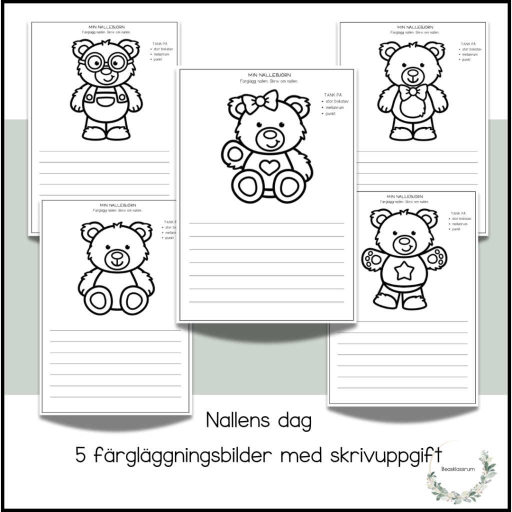 Nallens dag – färgläggningsbilder med skrivuppgift