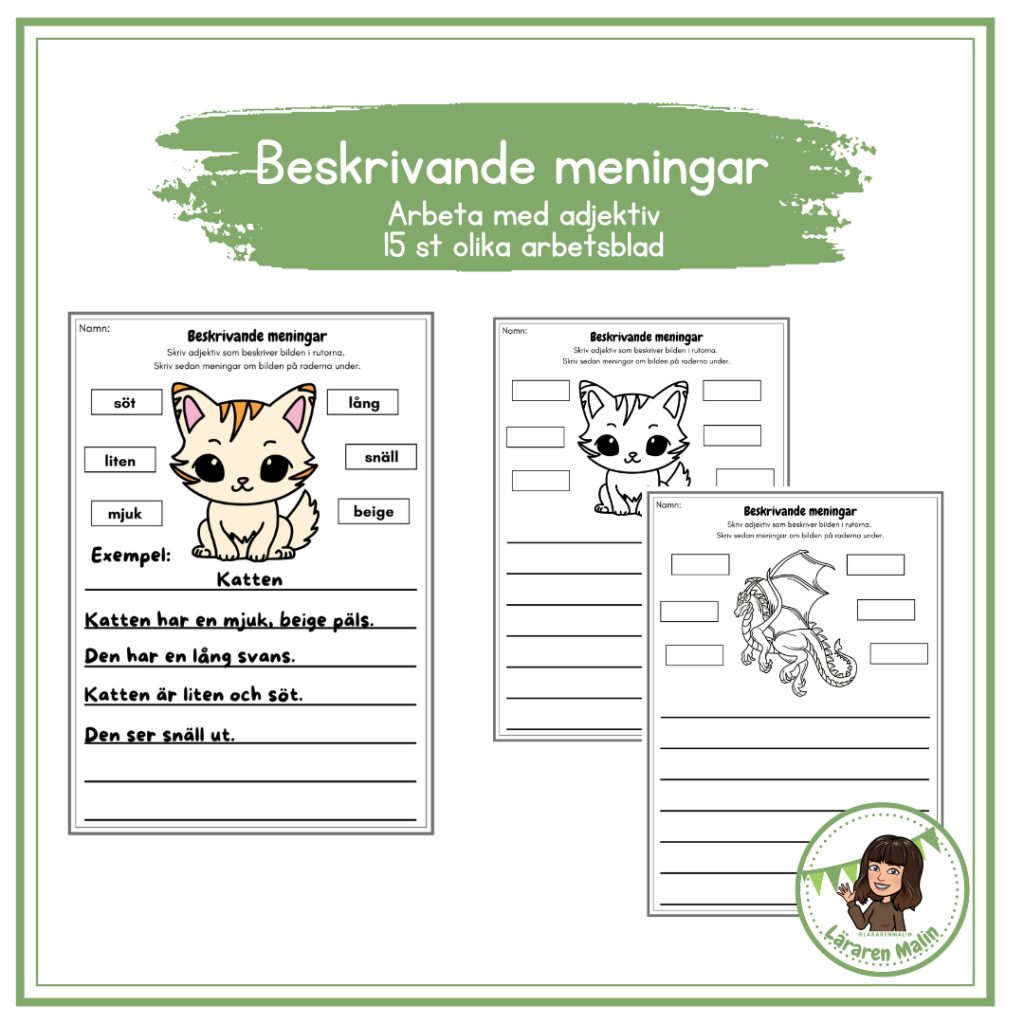 Beskrivande meningar / adjektiv – 15 olika arbetsblad