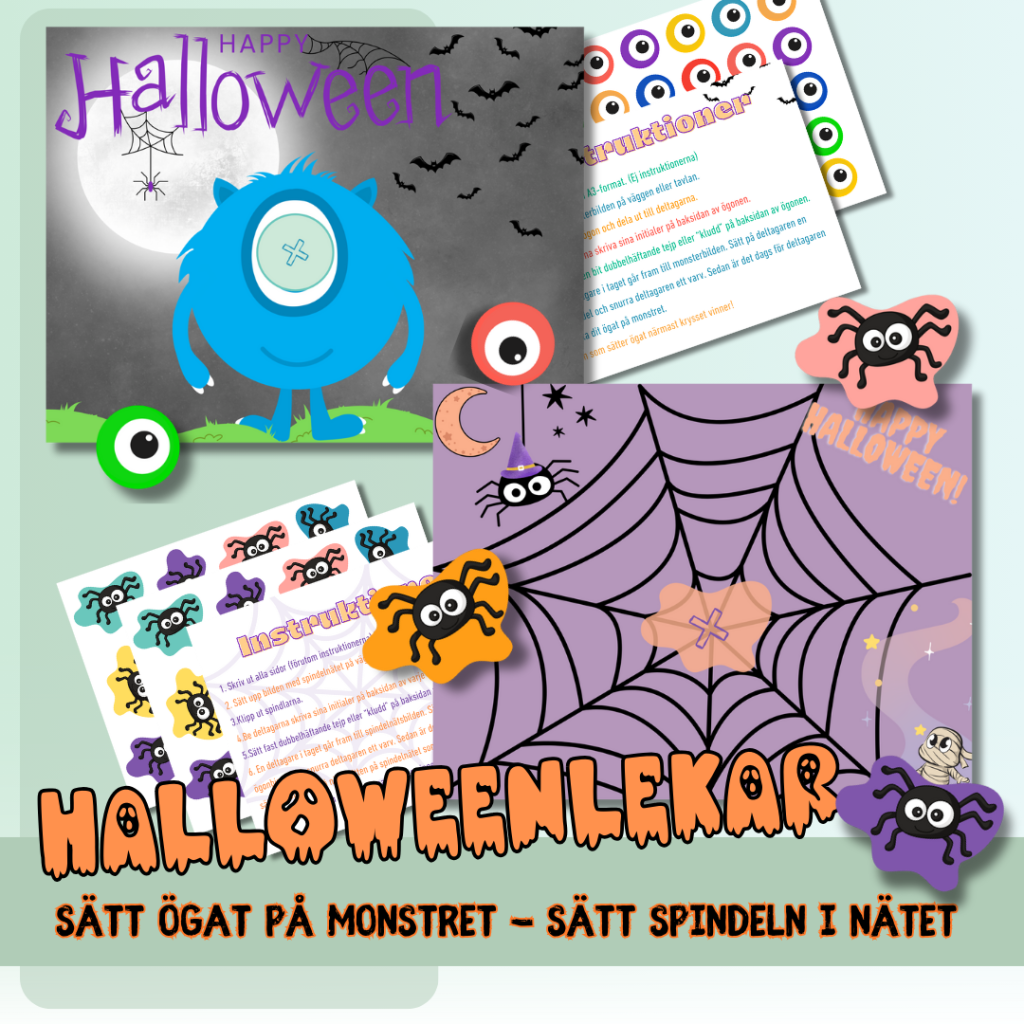 Lekar för Halloween – Sätt ögat på monstret – Sätt spindeln i nätet