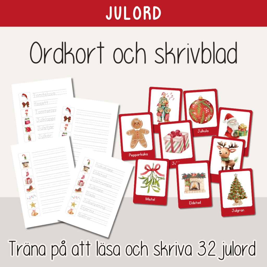Jul – ordkort och skrivblad – Julord