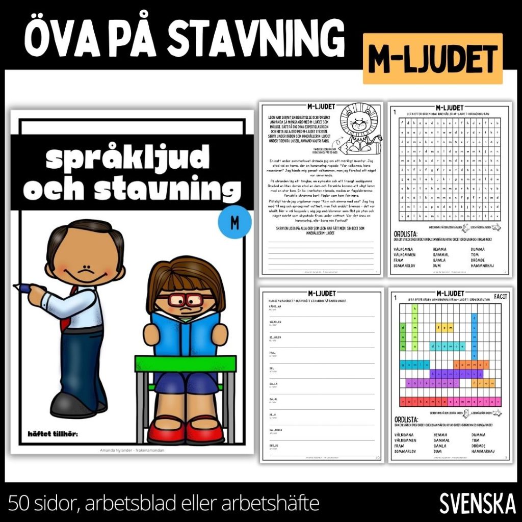 Öva på din stavning – arbetsblad / arbetshäfte – 22 sidor – M-LJUDET – 1