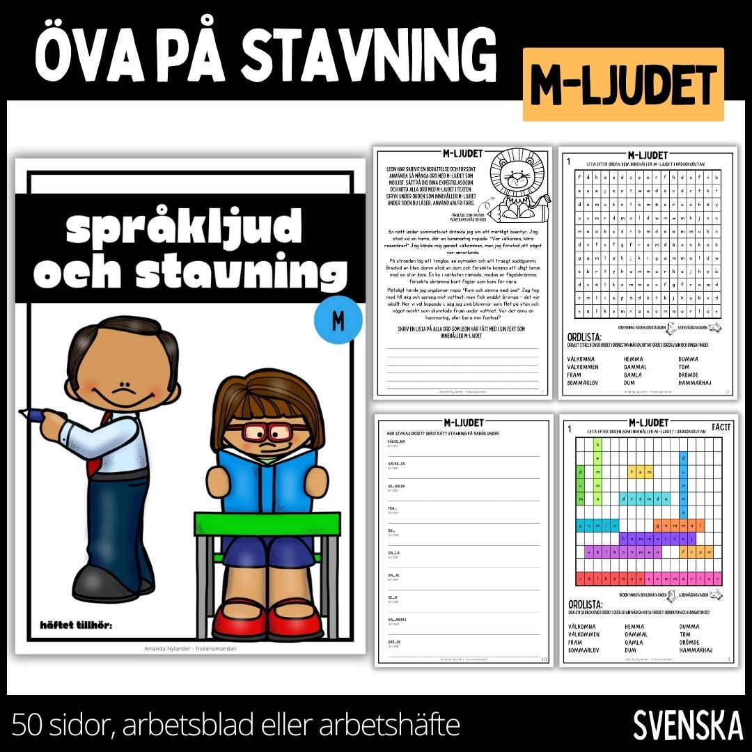 Öva på din stavning - arbetsblad / arbetshäfte - 22 sidor - M-LJUDET - 1