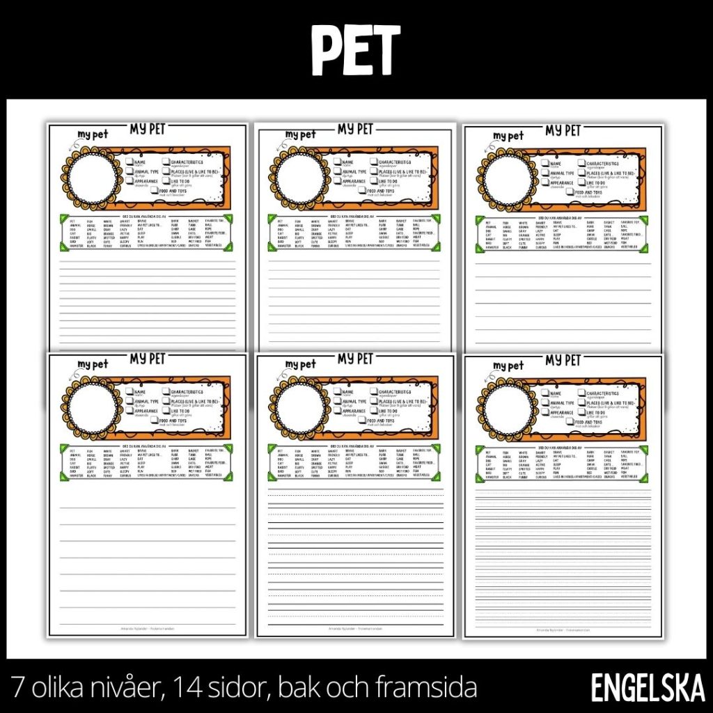 Time to write – pet – 7 skrivmallar, 14 sidor