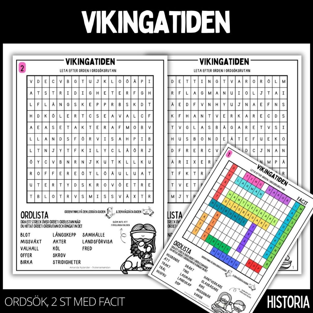 Vikingatiden – ordsöksrutor – 2 st med tillhörande facit