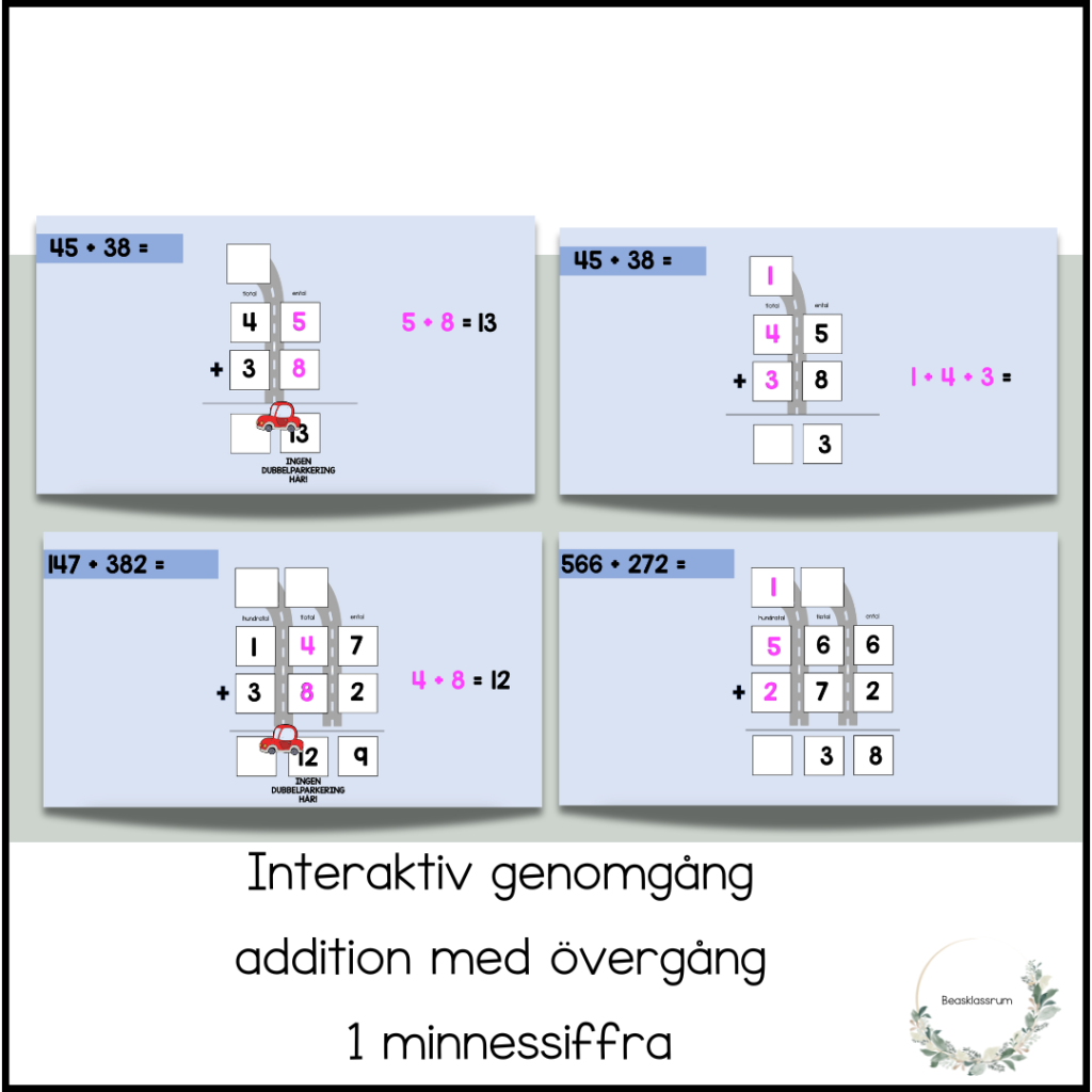 Interaktiv presentation – addition med övergång, 1 minnessiffra