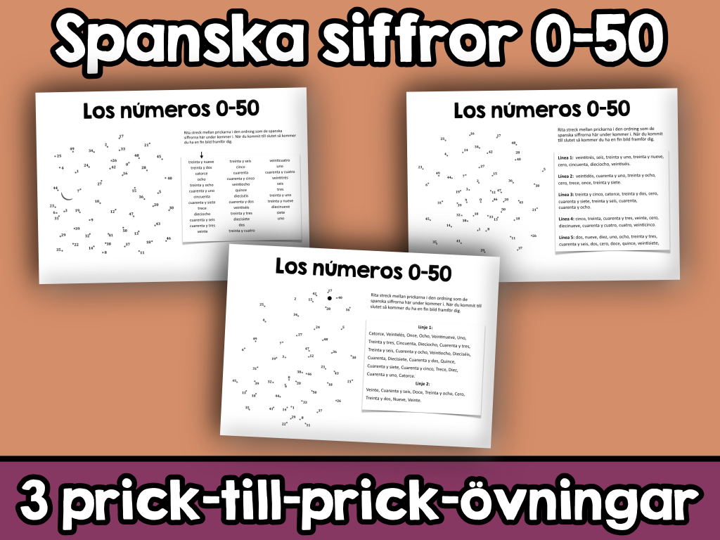 Spanska siffrorna 0-50 med prick-till-prick-övningar