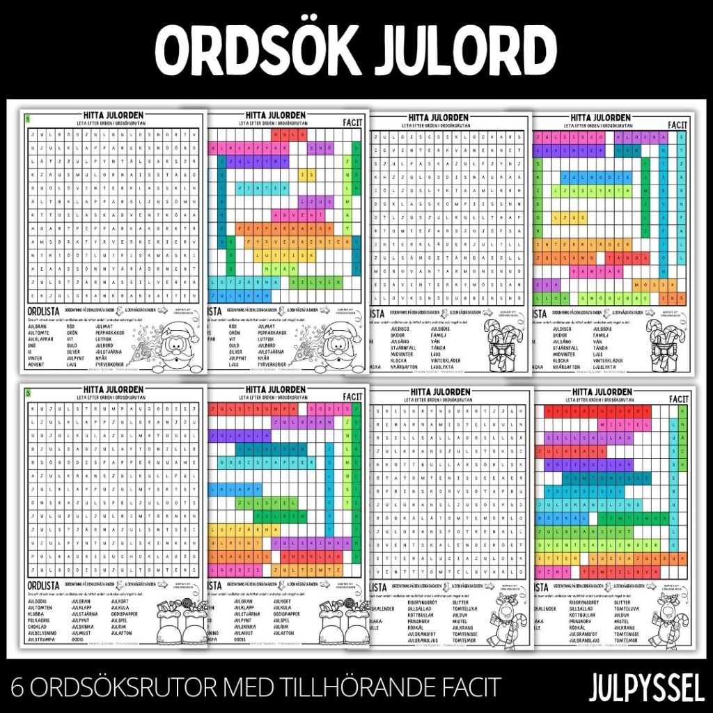 Ordsök julord med färgläggningsbild – 6 stycken