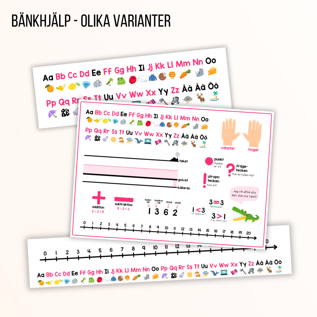 Bänkhjälp i olika varianter + namnskylt