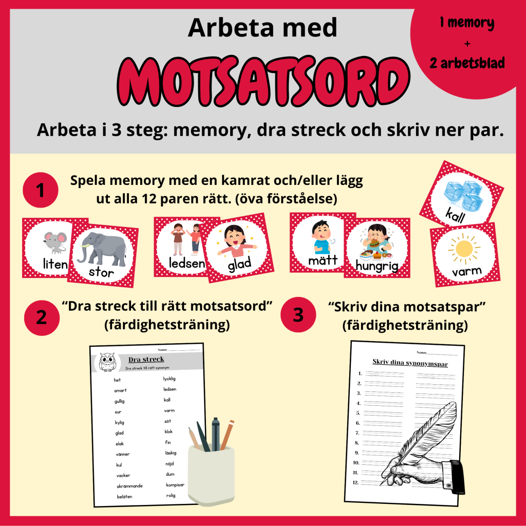 Arbeta med motsatsord – memory + 2 arbetsblad