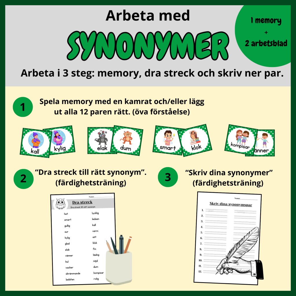Arbeta med synonymer – memory + 2 arbetsblad