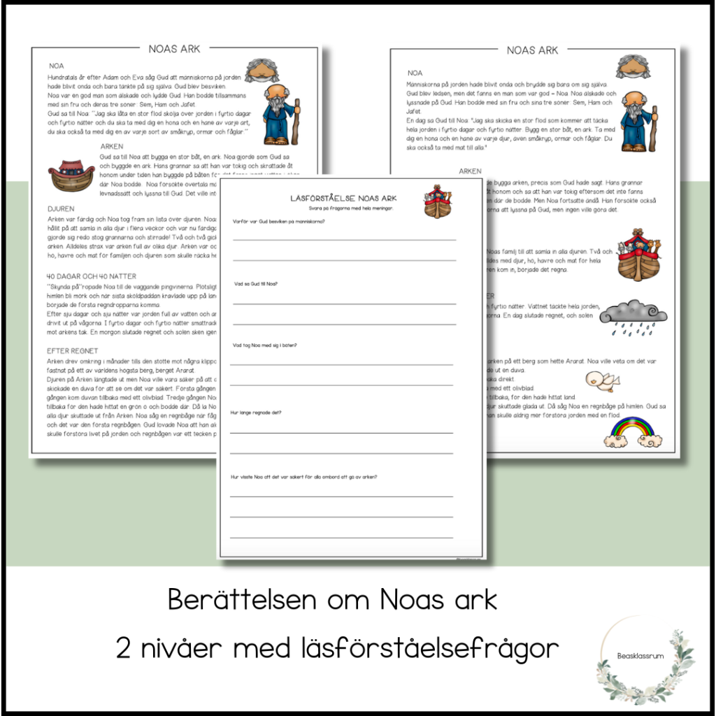 Berättelsen om Noas ark + läsförståelsefrågor
