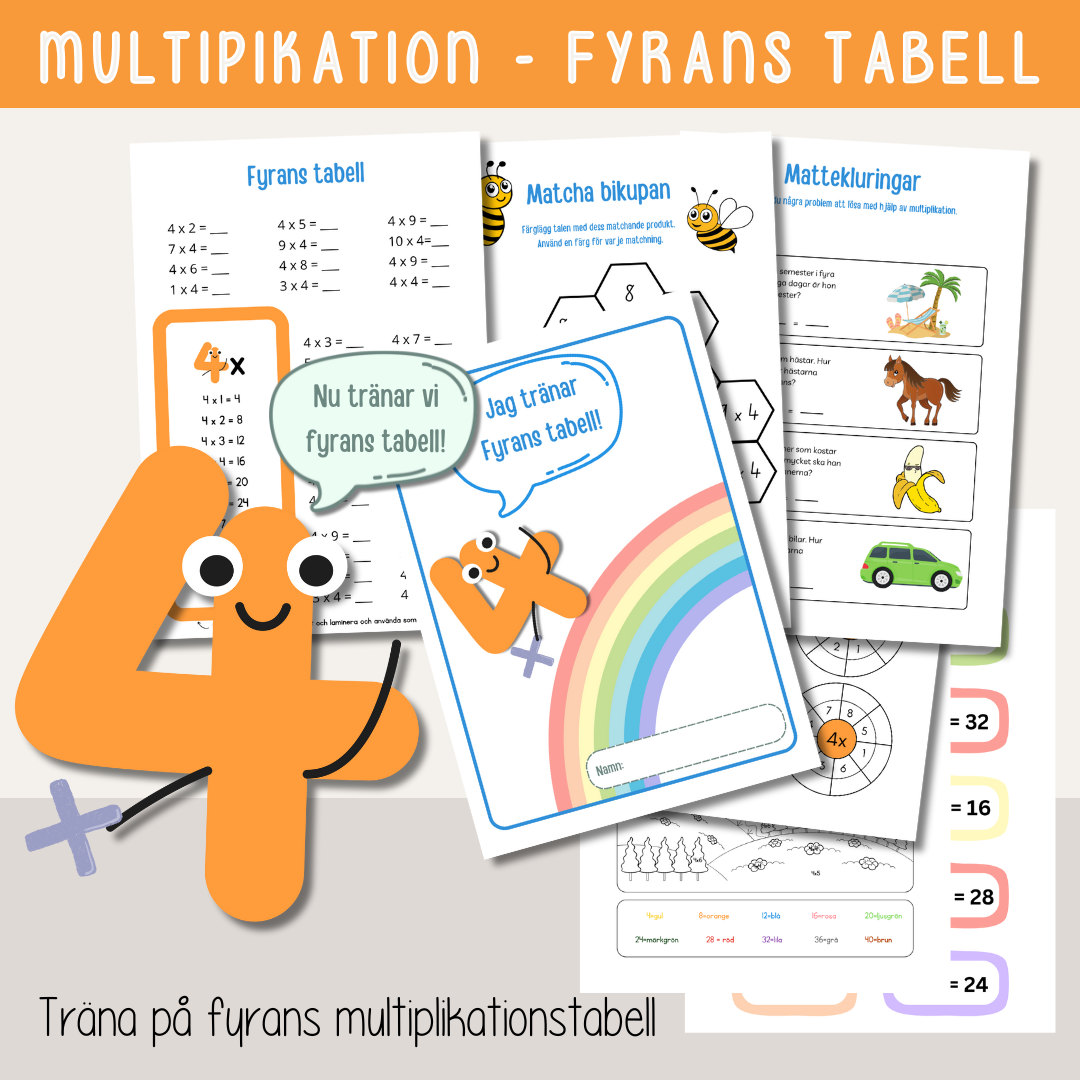 Multiplikation - Träna fyrans multiplikationstabell - Arbetshäfte