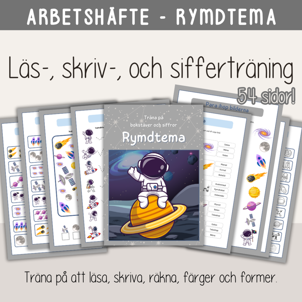 Arbetshäfte bokstäver och siffror – tema Rymden