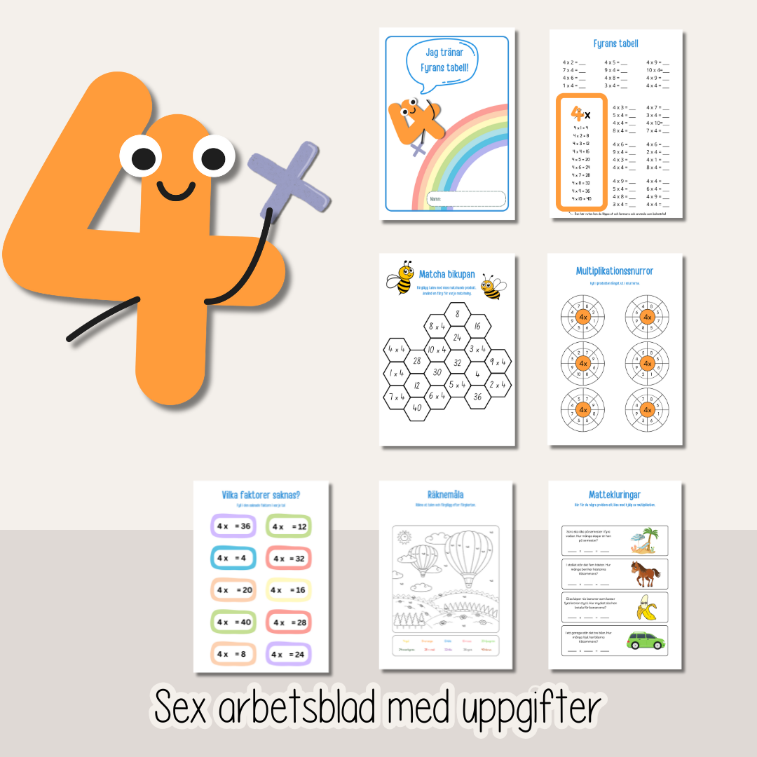 Multiplikation - Träna fyrans multiplikationstabell - Arbetshäfte
