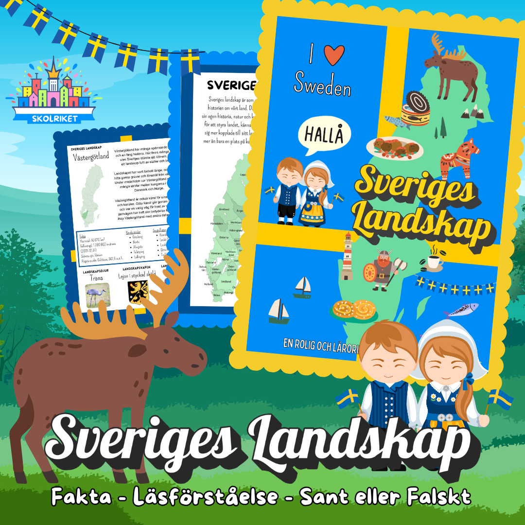 Sveriges Landskap - Sveriges 25 Landskap - Fakta, Läsförståelse och Sant eller Falskt-frågor!