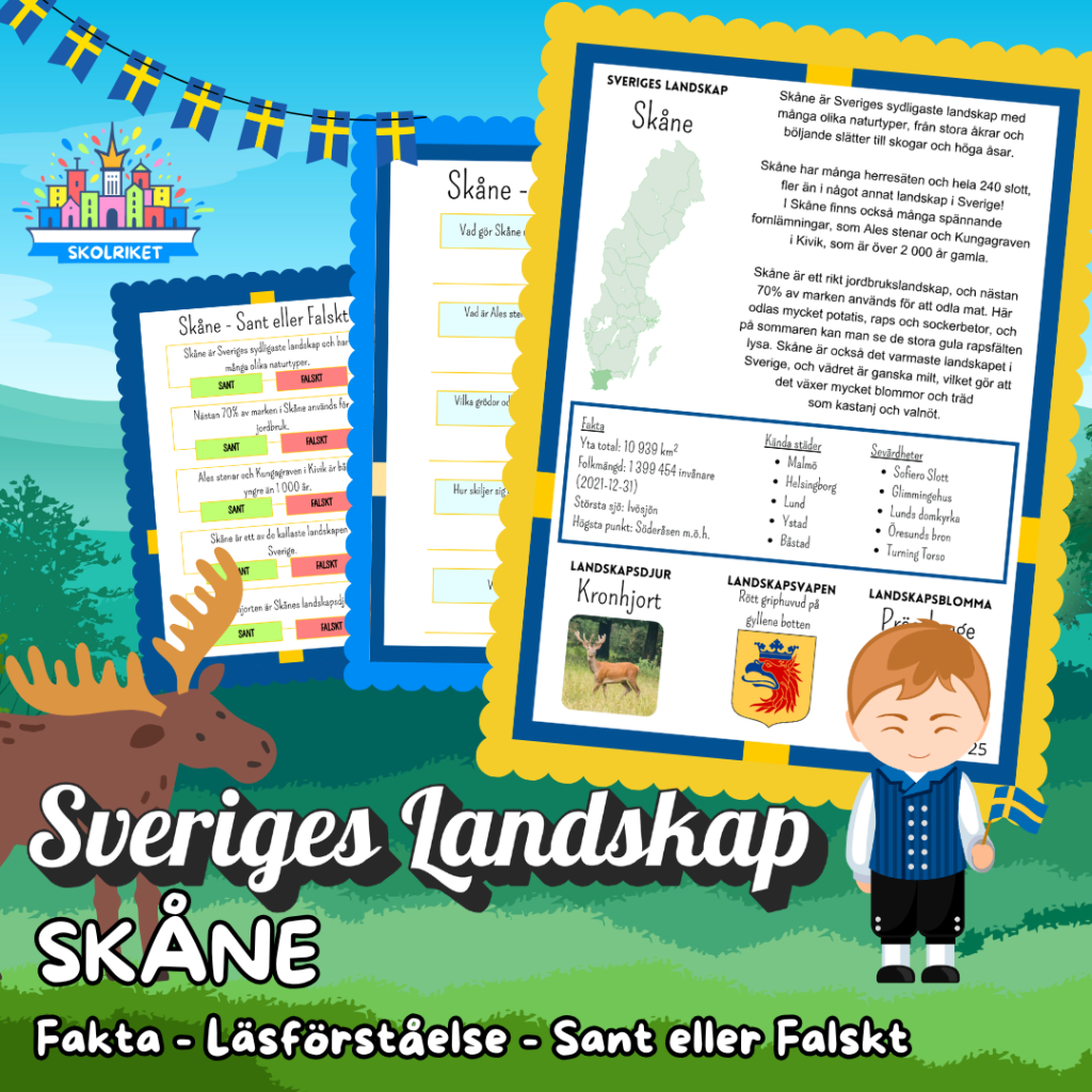 Sveriges Landskap – SKÅNE – Fakta, Läsförståelse och Sant eller Falskt-frågor!