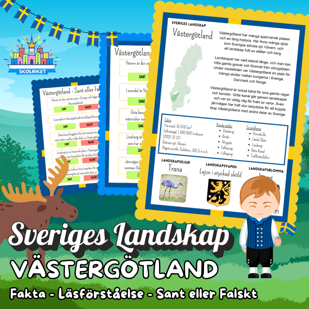 Sveriges Landskap – VÄSTERGÖTLAND – Fakta, Läsförståelse och Sant eller Falskt-frågor!