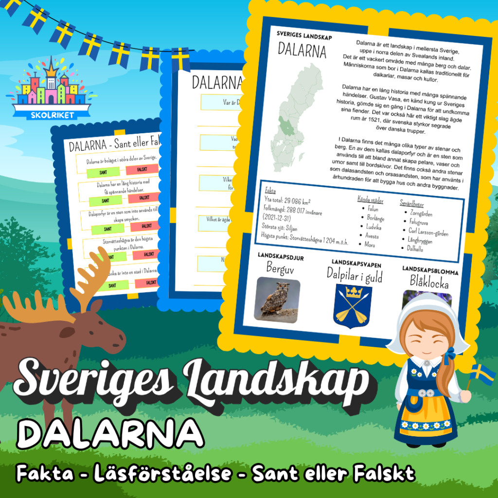 Sveriges Landskap – DALARNA – Fakta, Läsförståelse och Sant eller Falskt-frågor!