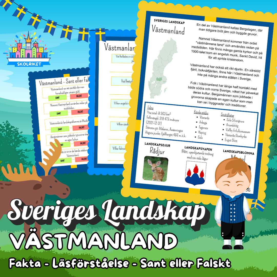 Sveriges Landskap - VÄSTMANLAND - Fakta, Läsförståelse och Sant eller Falskt-frågor!