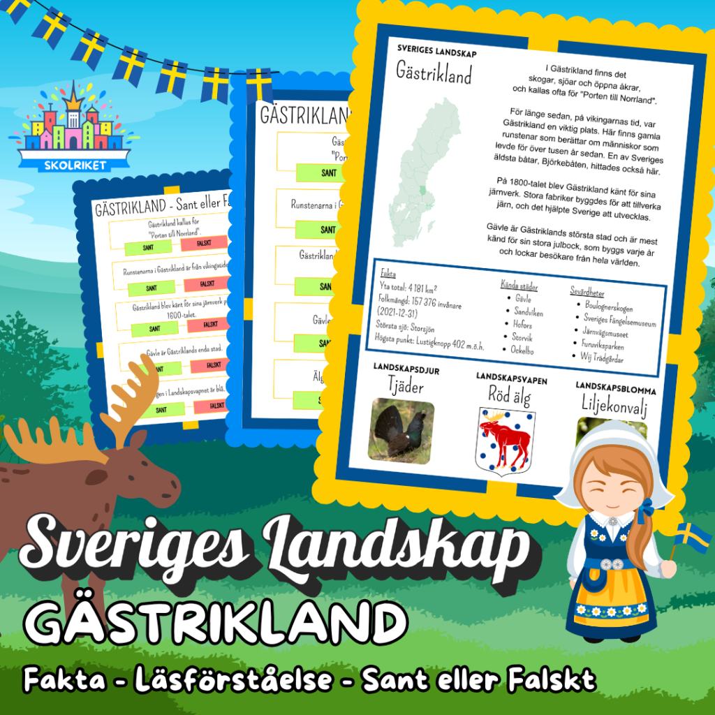 Sveriges Landskap – GÄSTRIKLAND – Fakta, Läsförståelse och Sant eller Falskt-frågor!