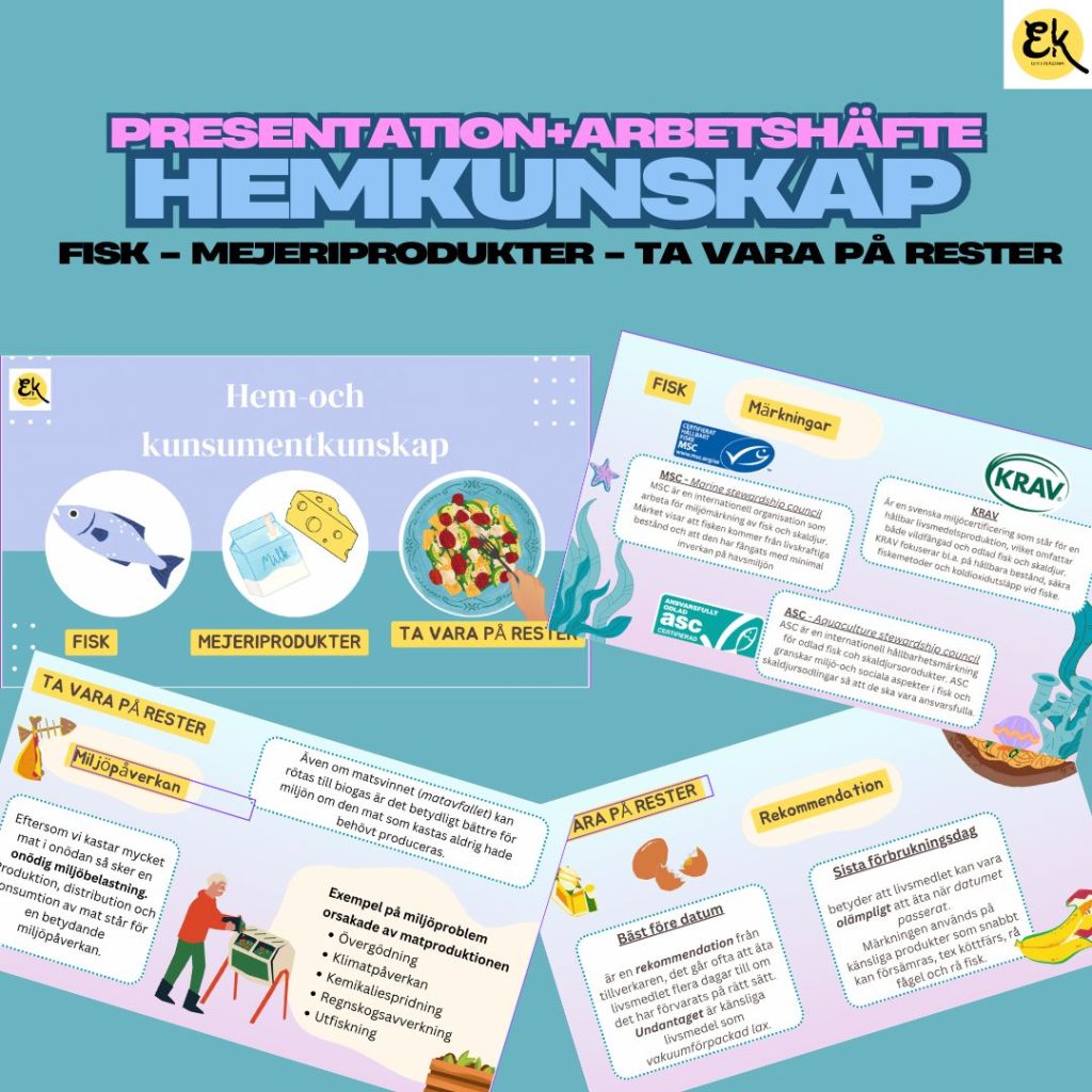 HKK färdig lektion – Hem-och kunsumentkunskap – fisk, mejeriprodukter, ta vara på rester. Presentation + arbetshäfte/prov