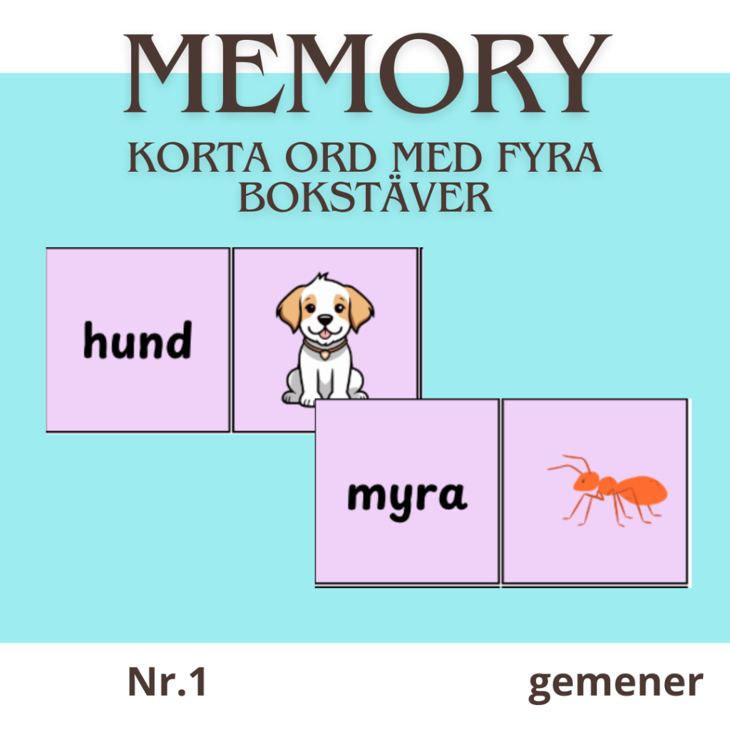 Memory med korta ord – 4 bokstäver – gemener