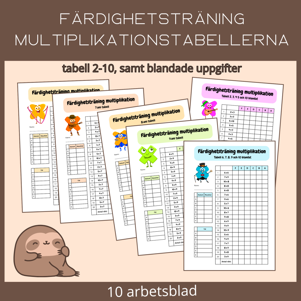 Färdighetsträning multiplikation tabell 2-10, samt blandade uppgifter