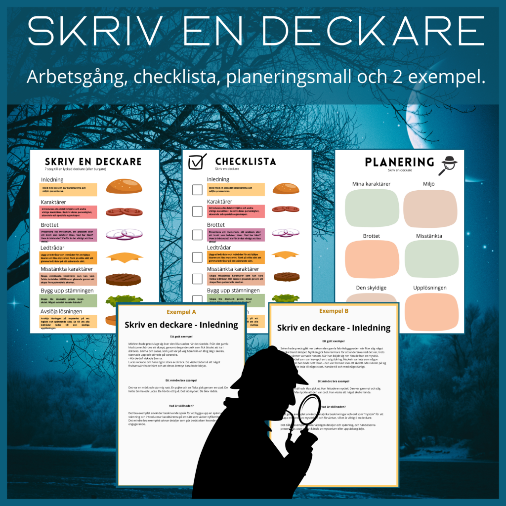 Skriv en deckare! Arbetsgång, checklista, planeringsmall och 2 exempel.