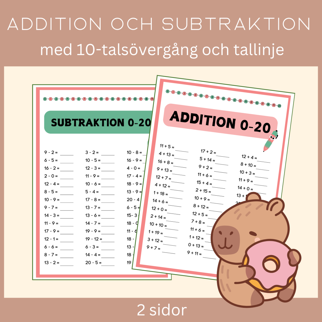 Addition och subtraktion talområde 0-20, stora plus, 2 arbetsblad med tallinje som bildstöd