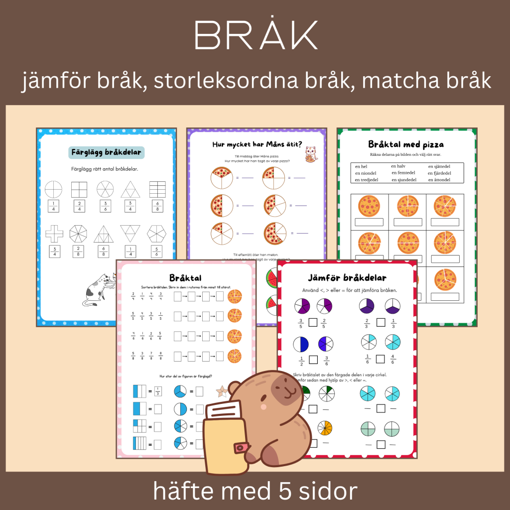 Öva på bråk, litet häfte med 5 sidor