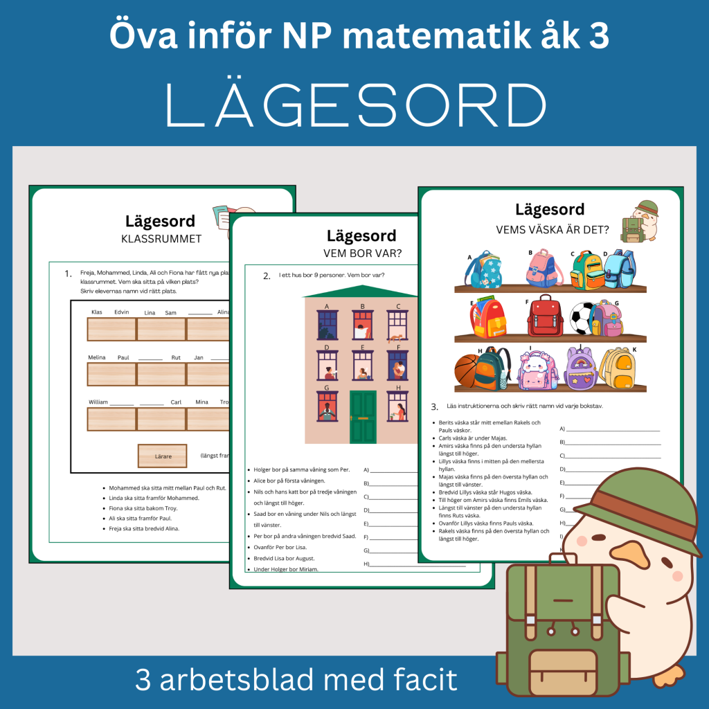 Lägesord – Öva inför nationella prov MA åk 3, 3 arbetsblad med facit